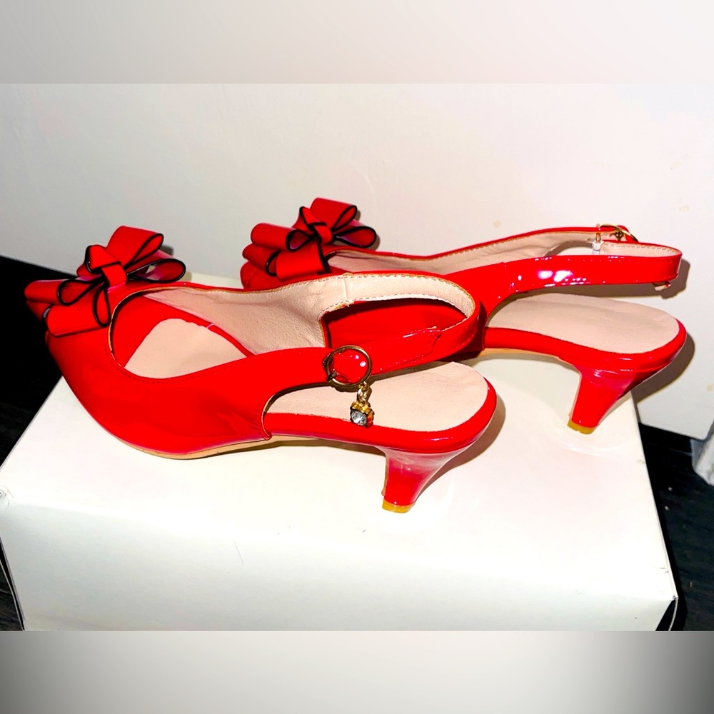 Red with black trim slingback peeptoe heels